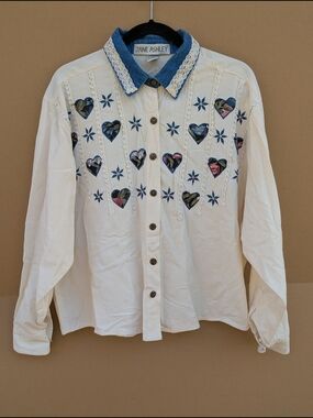 Jane Ashley Vintage Heart Patchwork Blouse 1X Cream Denim Collar Lace Button Up